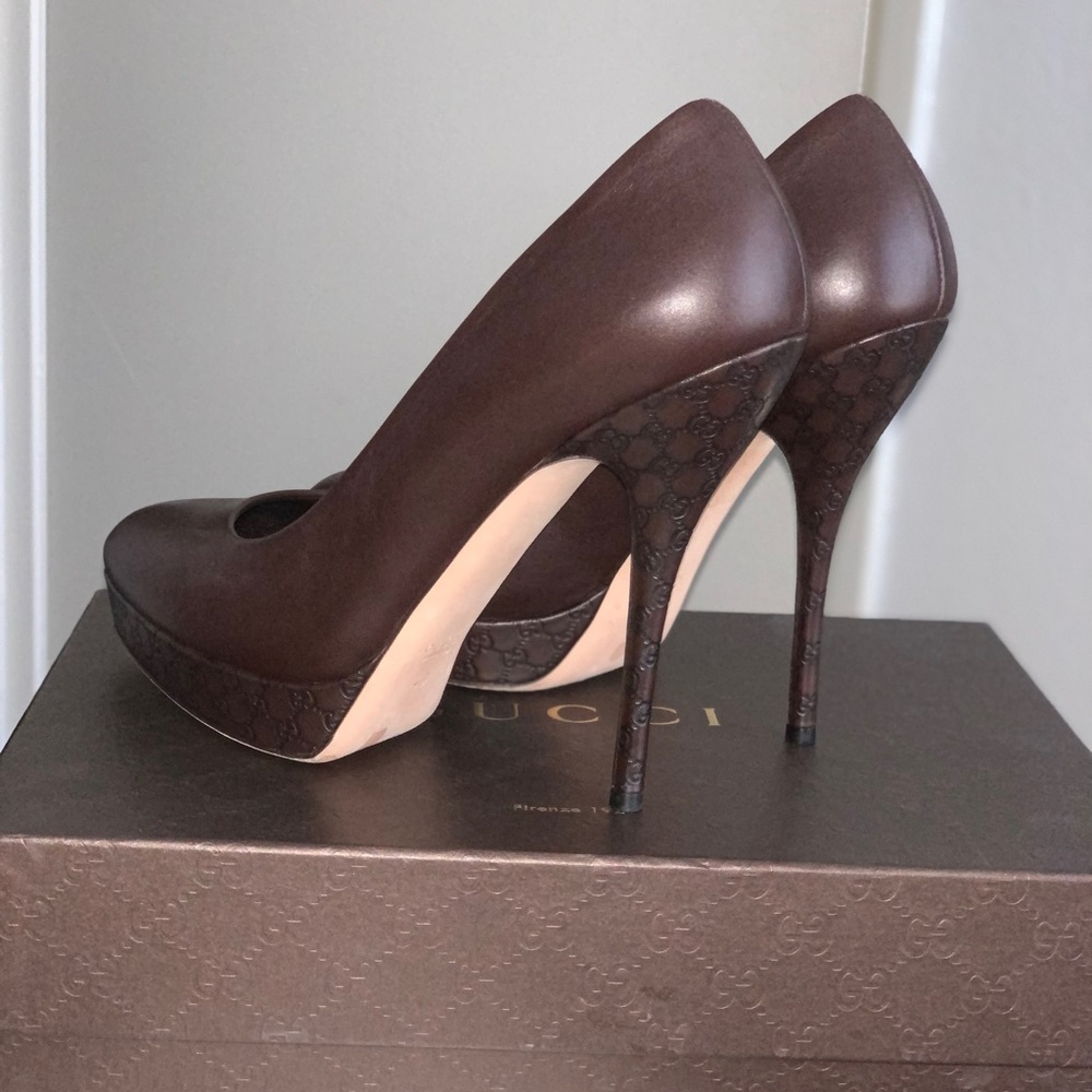 Brown Gucci Embossed Leather Heels